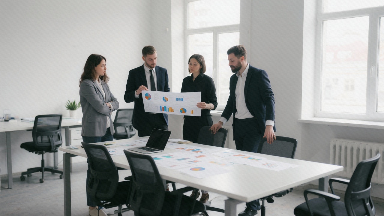 Collaborative analytics team standing around a table reviewing printed charts and laptops inside a minimalist Budapest office with natural light