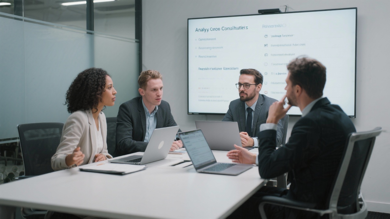 Analytics consultants having a focused conversation in a meeting room while reviewing contact requests on laptops and discussing response priorities