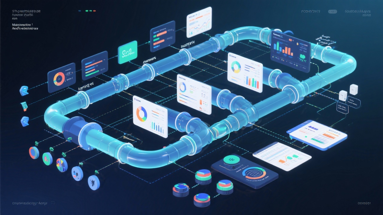 Detailed visualization of a multi-layer marketing analytics pipeline with data sources blending into dashboards and insight reporting workflows supporting collaborative startup decision-making and iterative optimization cycles