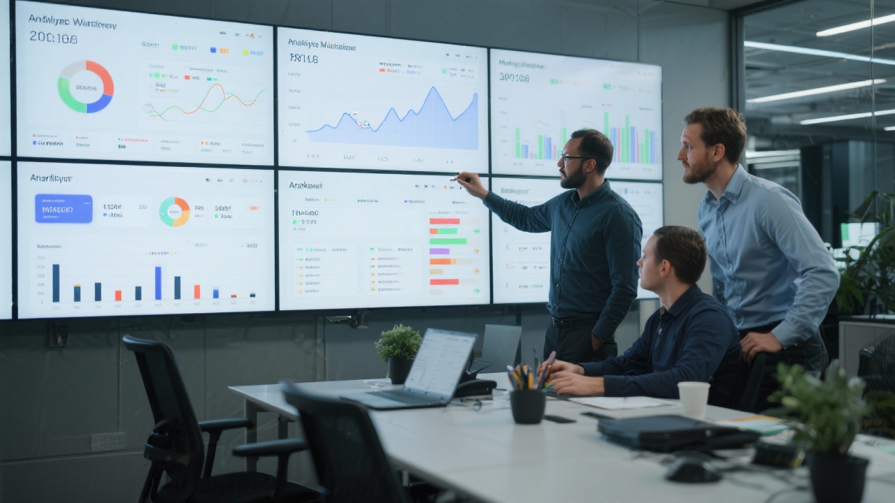 Modern analytics war room with founders reviewing dashboards on large screens while analysts annotate real-time charts depicting marketing performance signals