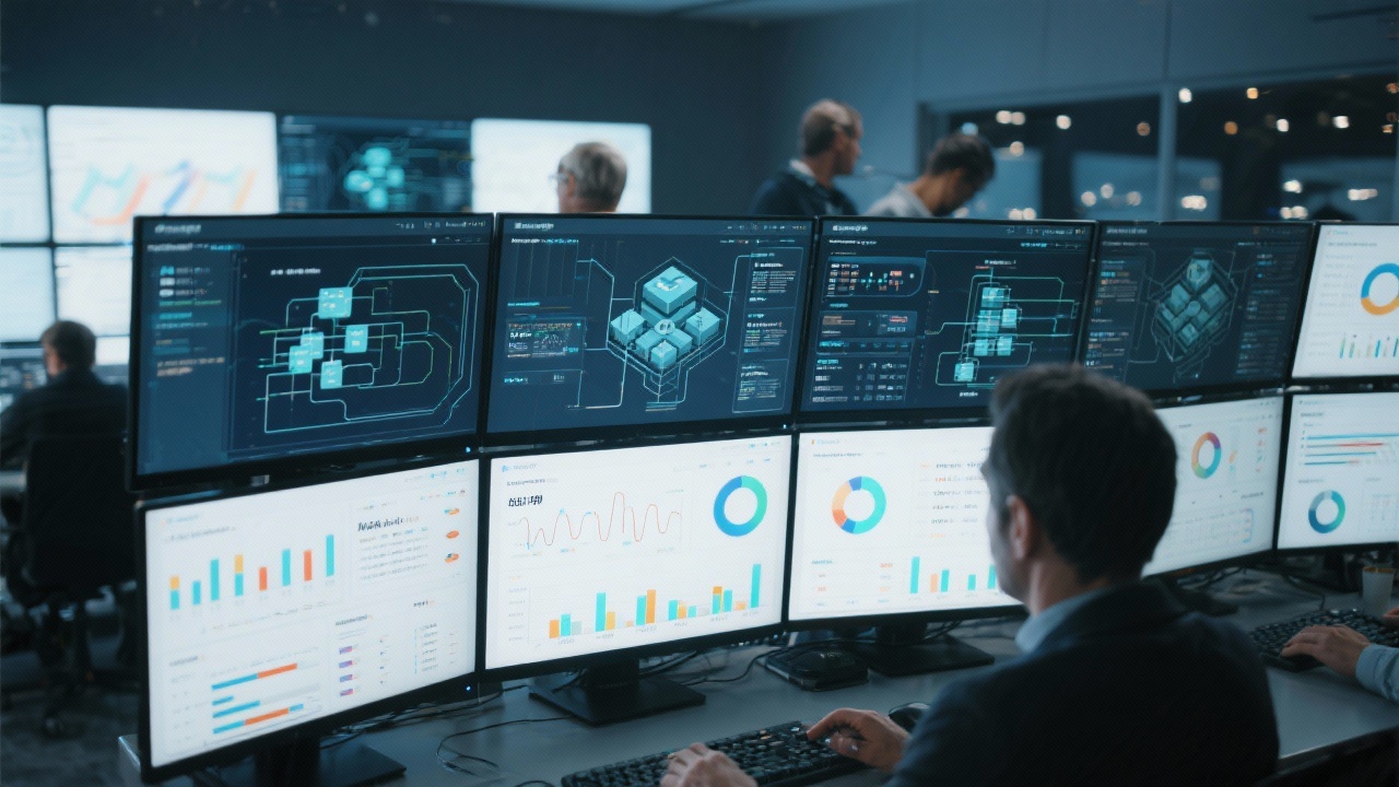 Specialists integrating marketing data sources on multiple monitors showing API connections, database schemas, and visualization dashboards in a secure operations center