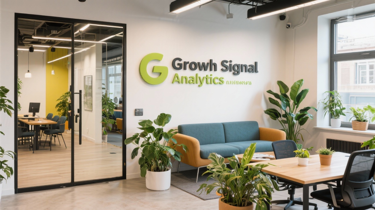Bright Budapest office lobby with signage of GrowthSignal Analytics and seating area designed for client discovery meetings featuring natural plants and collaborative work tables