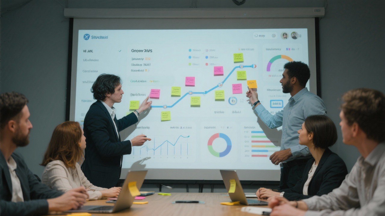 High fidelity dashboard interface projected in a conference room while data strategists plan a startup growth roadmap using sticky notes and laptops