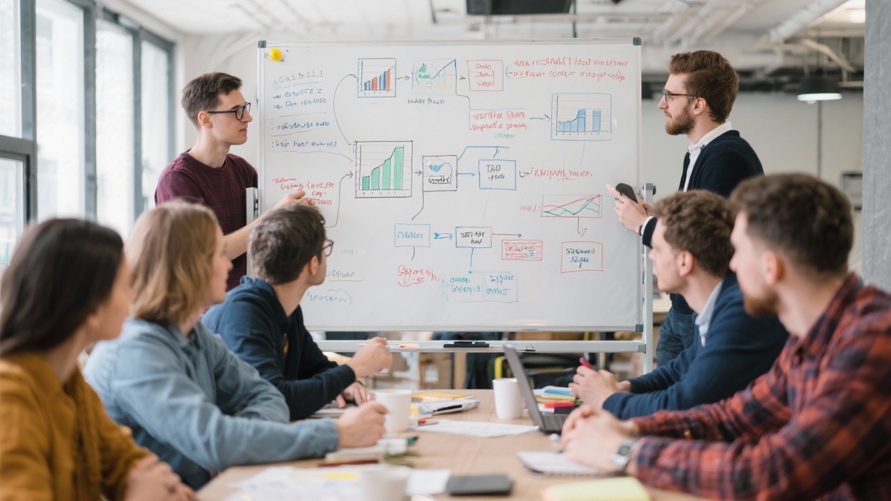 Cross functional startup team collaborating around whiteboard covered with analytics flowcharts during an intensive insight sprint workshop session in Budapest hub